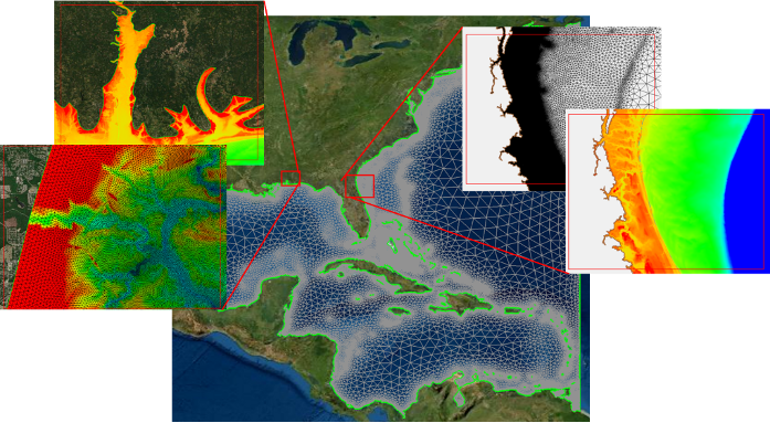 Example ADCIRC meshes showing resolution details and bathymetry.